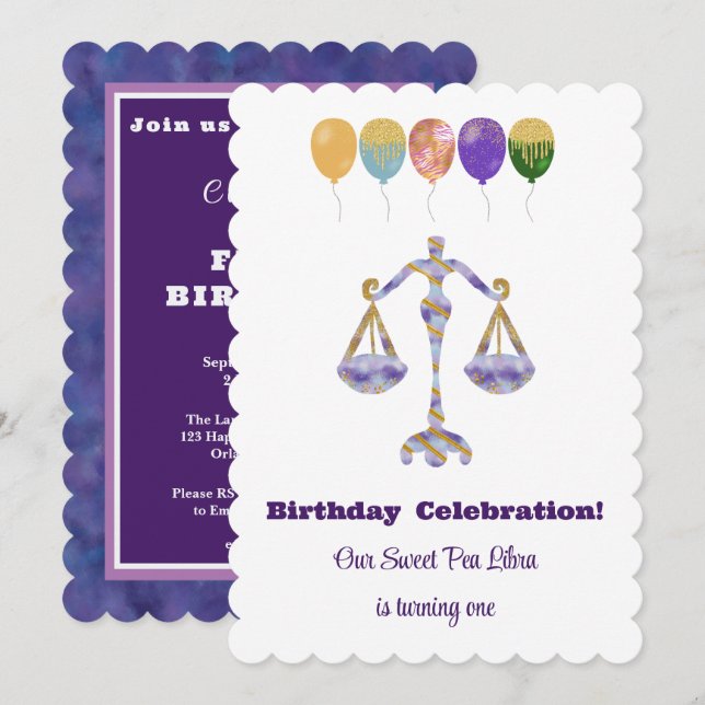 Invitation Libra 1st Birthday Impressionist Gold Glitte (Devant / Derrière)