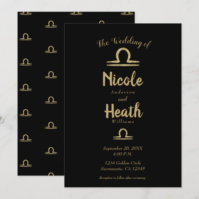 Invitation LIBRA Astrologie du zodiaque en or Mariage d'été d (Devant / Derrière)