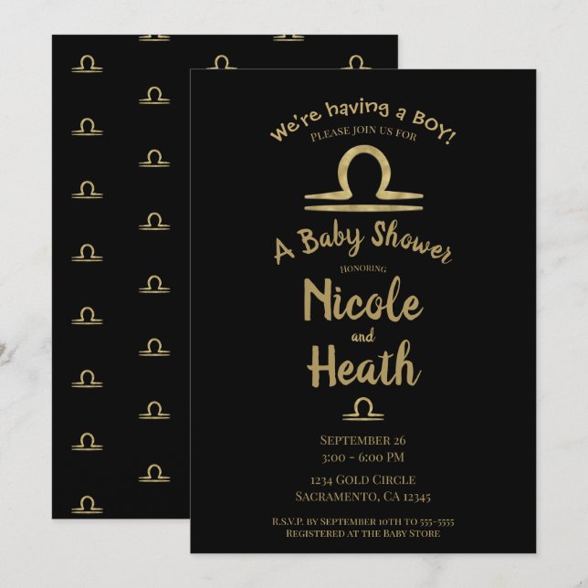 Invitation LIBRA Or Septembre Octobre Automne Baby Shower (Devant / Derrière)