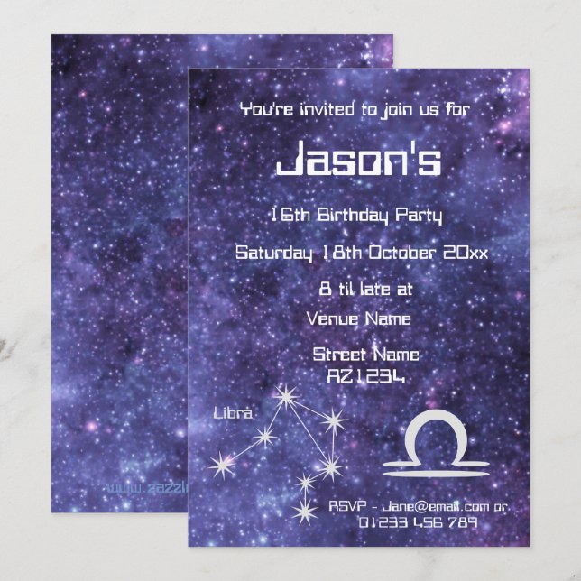 Invitation Libra personnalisée Zodiac Galaxy Party (Devant / Derrière)