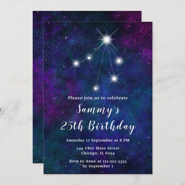 Invitation Libra Zodiac Constellation fête d'anniversaire (Devant / Derrière)