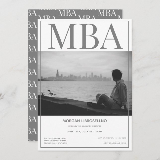 Invitation Licence MBA White Grey Photo Party Graduation (Devant / Derrière)
