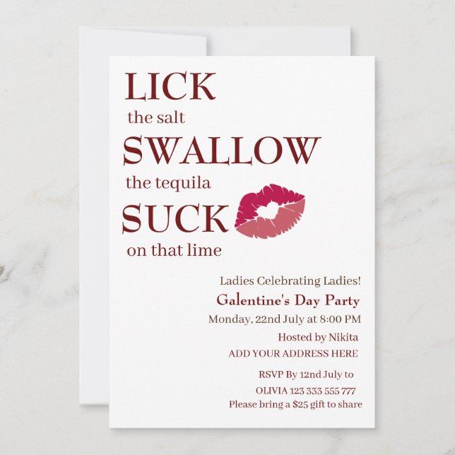 Invitation Lick the salt swallow the tequila Galentine's Day (Devant)