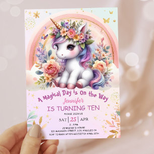 Invitation Licorne 10e Anniversaire Fille Rose Floral Arc-en-