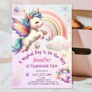 Invitation Licorne 10e Anniversaire Fille Violet Rose Arc-en-
