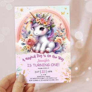 Invitation Licorne 1er anniversaire fille floral rose arc-en-