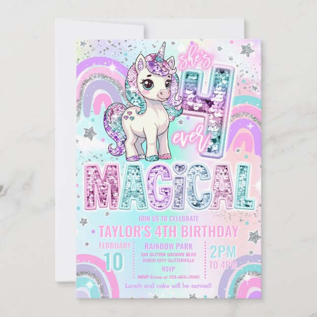 Invitation Licorne 4e Anniversaire Quatre Toujours Magique Ar (Devant)
