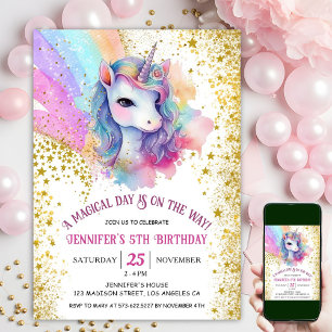 Invitation Licorne 5e Anniversaire Arc-en-ciel Paillettes D