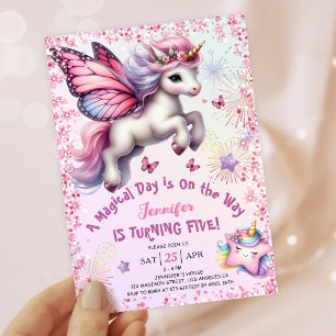 Invitation Licorne 5e anniversaire fille rose violet paillett