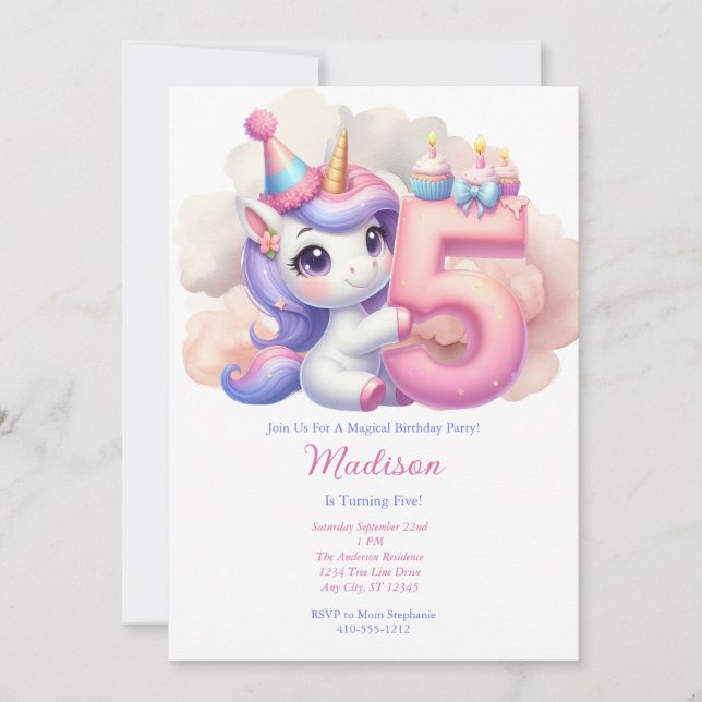 Invitation Licorne 5ème Cinquième Rose Bleu Violet Fille Anni (Devant)