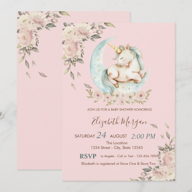 Invitation Licorne à l'aquarelle Fête bébé Fleurs de lune  (Devant / Derrière)