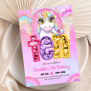 Invitation Licorne à Paillettes Arc-en-Ciel 10e Anniversaire