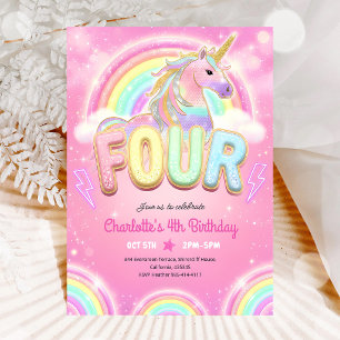 Invitation Licorne à Paillettes Arc-en-ciel 4e Anniversaire