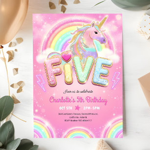 Invitation Licorne à paillettes arc-en-ciel 5ème anniversaire