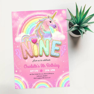 Invitation Licorne à paillettes arc-en-ciel 9e anniversaire