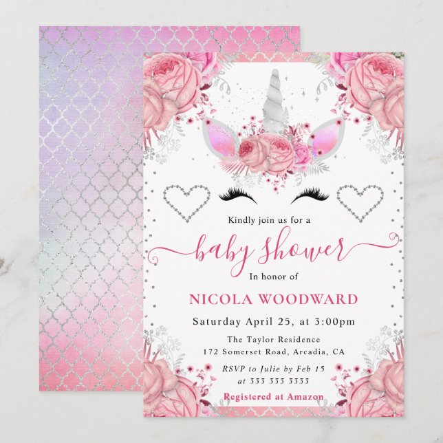 Invitation Licorne à visage rose et paillettes argentées pour (Devant / Derrière)