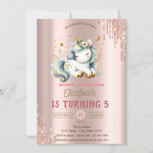Invitation Licorne adorable, dégoulinures rose gold pour anni