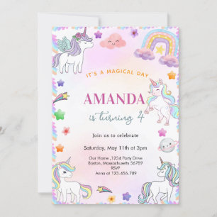 Invitation Licorne aquarelle magique d'anniversaire