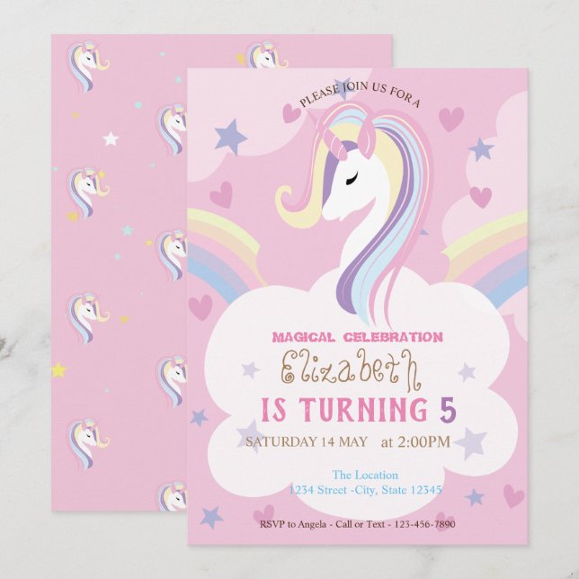 Invitation Licorne Arc-en-ciel Anniversaire (Devant / Derrière)