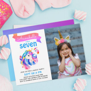 Invitation Licorne arc-en-ciel aquarelle photo mignonne et co