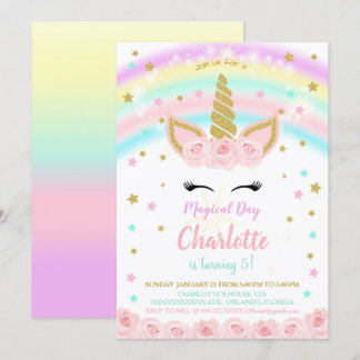 Invitation Licorne Arc-en-Ciel Avec Fleurs Roses