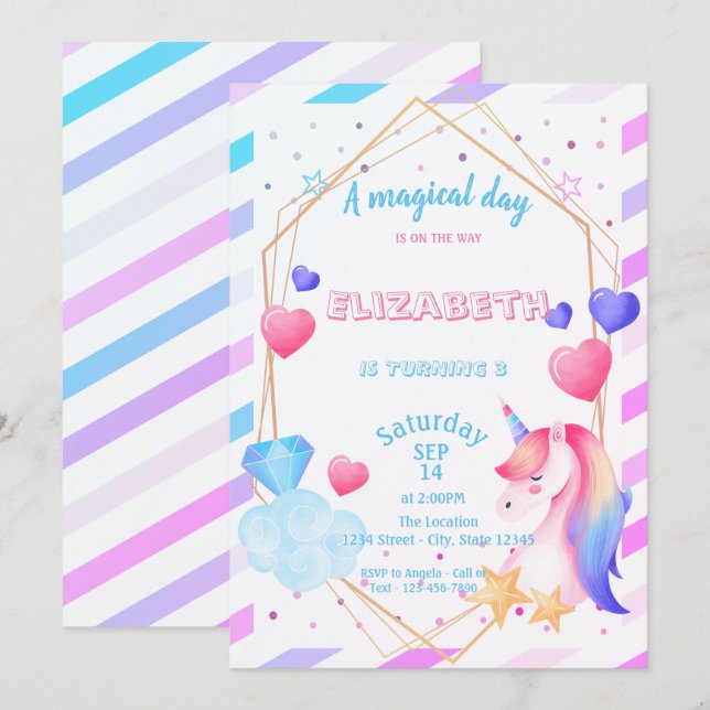 Invitation Licorne Arc-en-ciel,Cœurs, Anniversaire rayé (Devant / Derrière)