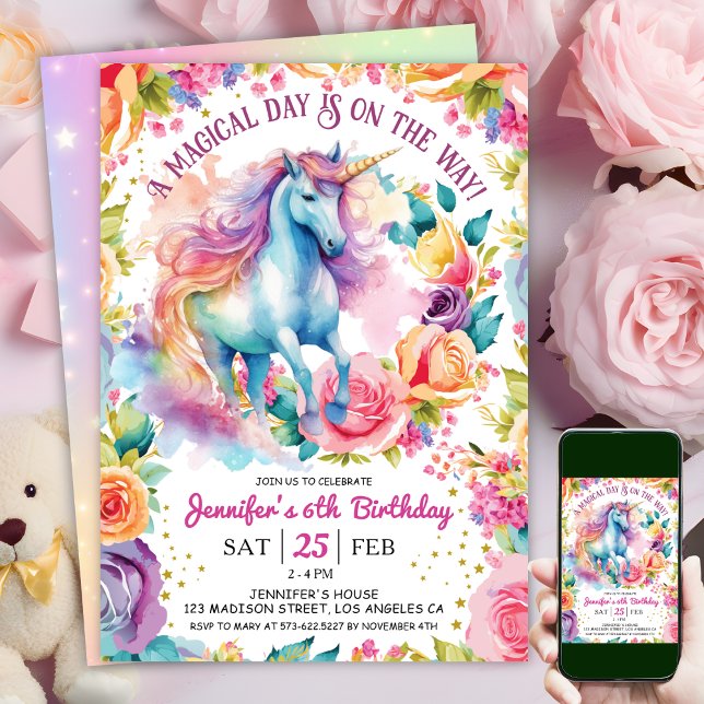 Invitation Licorne Arc-en-Ciel Fleurie | 6e Anniversaire (#UnicornBirthdayInvitation #UnicornBirthdayInvitationTemplate #UnicornBirthdayInvitationEditable)