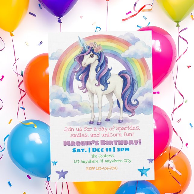 Invitation Licorne Arc-en-ciel Fun Aquarelle Anniversaire (Créateur téléchargé)