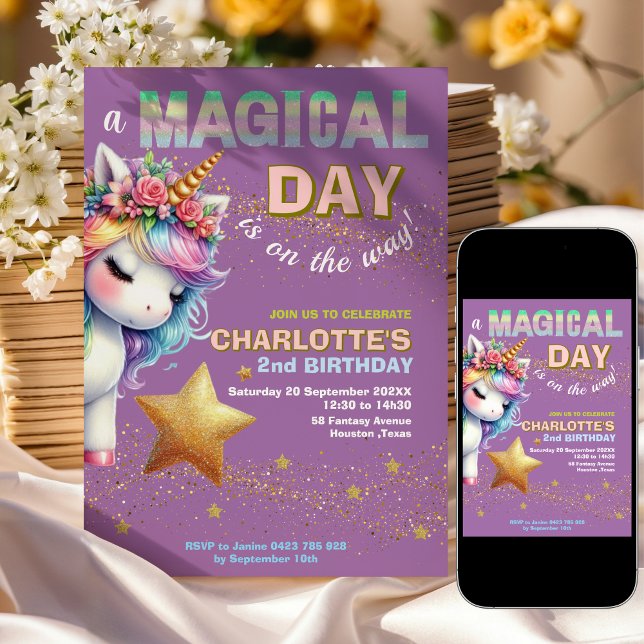 Invitation Licorne arc-en-ciel pailletée violette 2ème annive (Créateur téléchargé)
