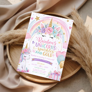 Invitation Licorne Arc-en-ciel Paillettes Or 7e Anniversaire