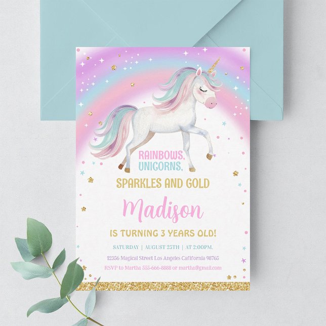Invitation Licorne Arc-en-Ciel Pastel pour 3ème An (Créateur téléchargé)