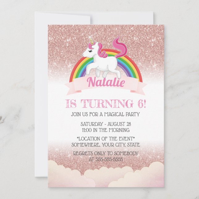 Invitation Licorne & Arc-en-ciel Rose Gold Fête d'anniversair (Devant)