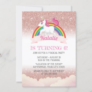 Invitation Licorne & Arc-en-ciel Rose Gold Fête d'anniversair