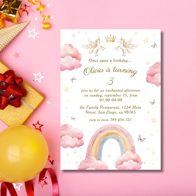 Invitation Licorne Arc-en-Ciel Rose Rêveuse Anniversaire (Créateur téléchargé)
