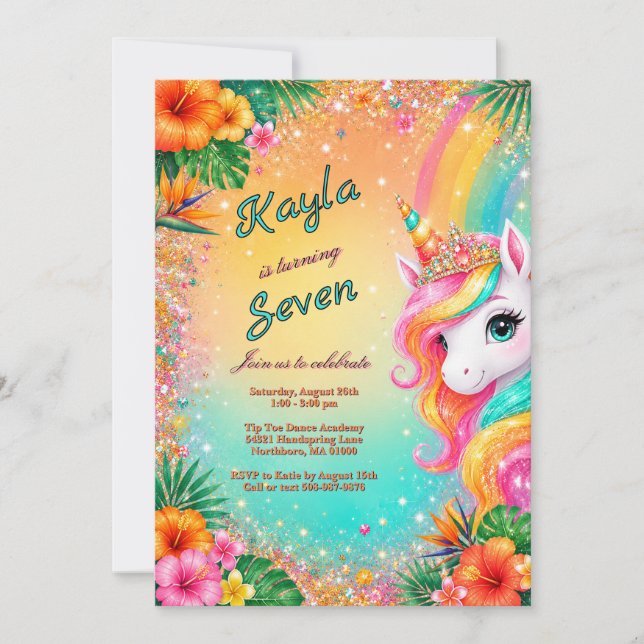 Invitation Licorne Arc-en-Ciel Tropical Fleurs Anniversaire F (Devant)