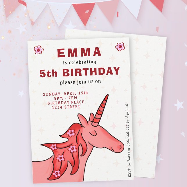 Invitation Licorne avec Fleurs Fête d'anniversaire de fille  (Créateur téléchargé)
