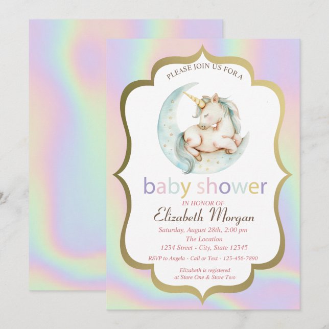 Invitation Licorne, Baby Shower holographique Lune (Devant / Derrière)
