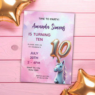 Invitation Licorne Ballon Or Pastel Féminin 10ème Anniversair