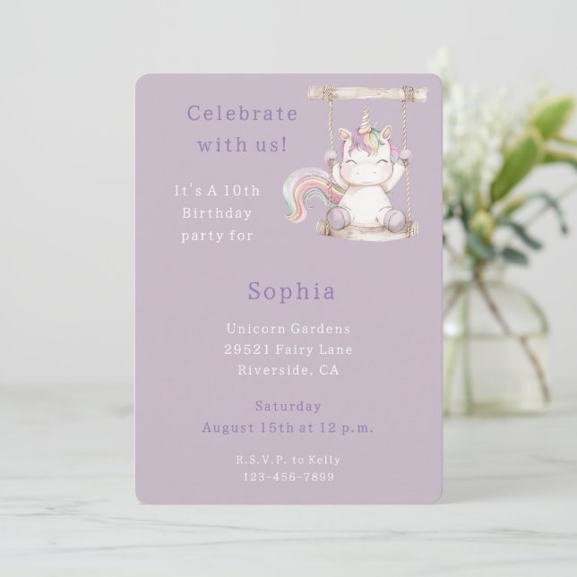 Invitation Licorne Blanche Violette Balançoire Anniversaire (Debout devant)