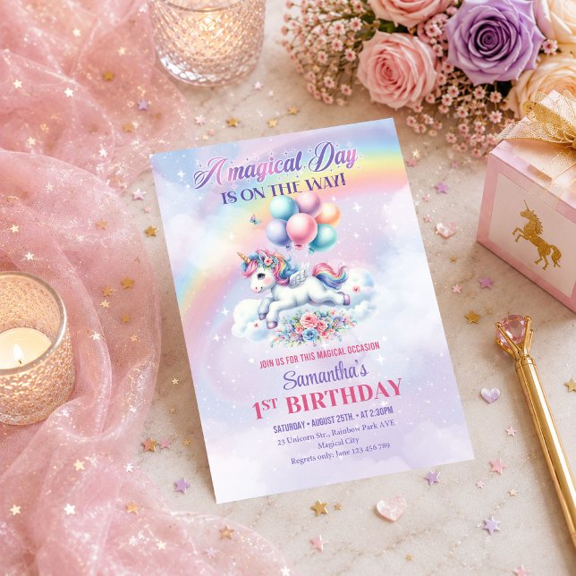 Invitation Licorne Branchée Rose Pastel Violet Fille Magique  (magical unicorn birthday,
magical day unicorn invitation,
 colorful pastel unicorn rainbow, 
rainbow)