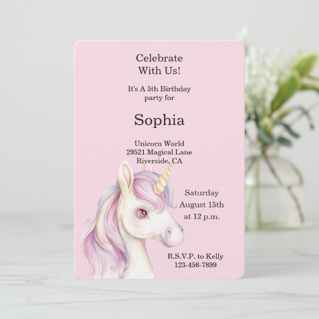 Invitation Licorne d'anniversaire lavande rose violet (Debout devant)