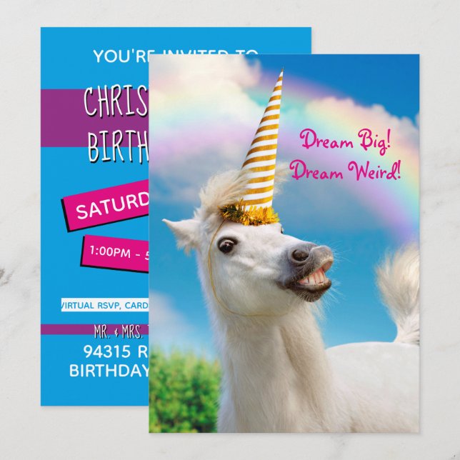Invitation Licorne de fête Cheval et Arc-en-ciel (Devant / Derrière)