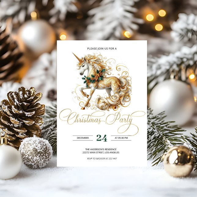 Invitation Licorne de Noël élégante blanche et or (Créateur téléchargé)