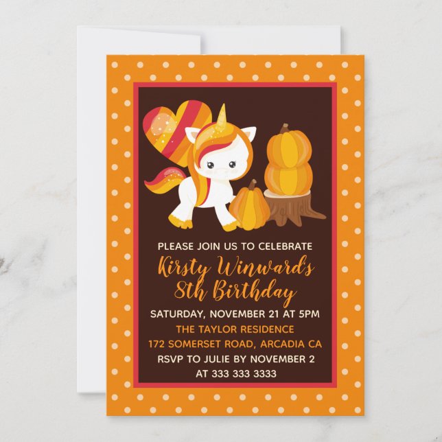 Invitation Licorne de Thanksgiving Citrouille Anniversaire (Devant)