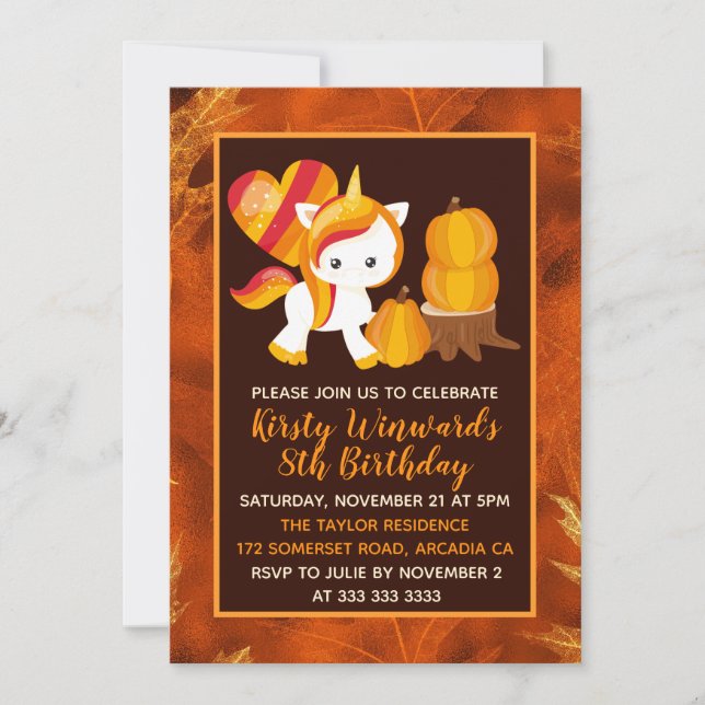 Invitation Licorne de Thanksgiving Citrouille Anniversaire (Devant)