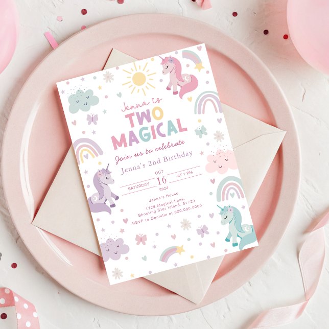 Invitation Licorne Deux Filles Magiques 2ème Anniv (Unicorn 2nd Birthday Invitation)
