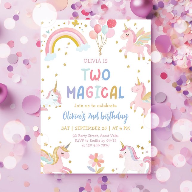 Invitation Licorne Deux Magique Pastel 2e Anniversaire (Créateur téléchargé)