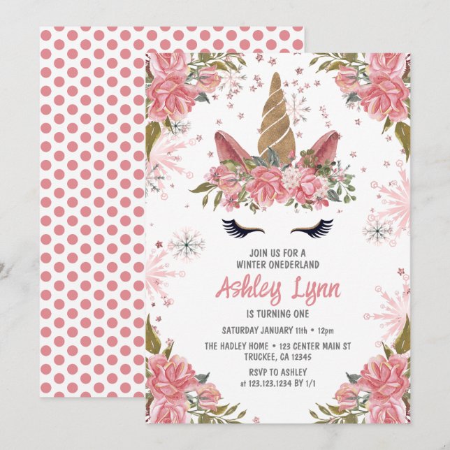 Invitation Licorne d'hiver 1er Anniversaire Rose Pâle (Devant / Derrière)