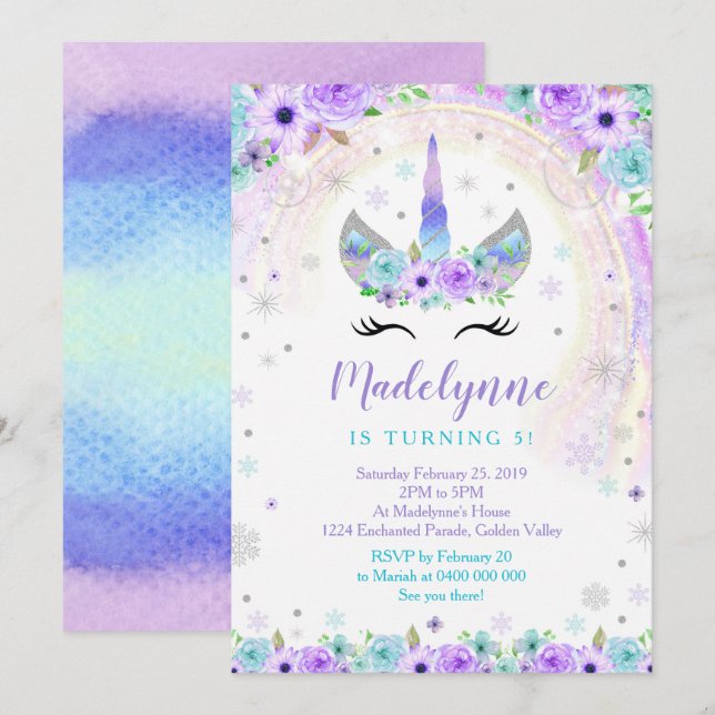 Invitation Licorne d'Hiver - Flocons de Neige de L (Devant / Derrière)