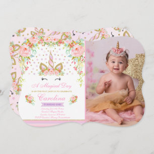 Invitation Licorne d'or de rose d'invitation d'anniversaire